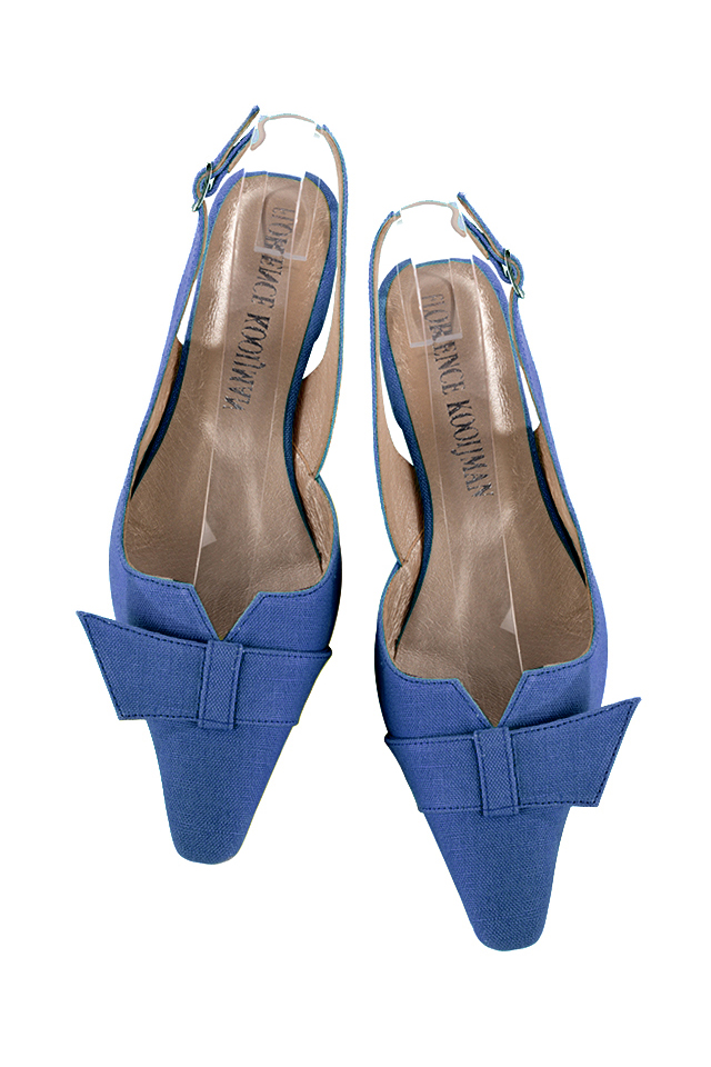 Women's electric blue slingback dress shoes, with a knot on the front. Tapered toe. Low block heels - Top view
